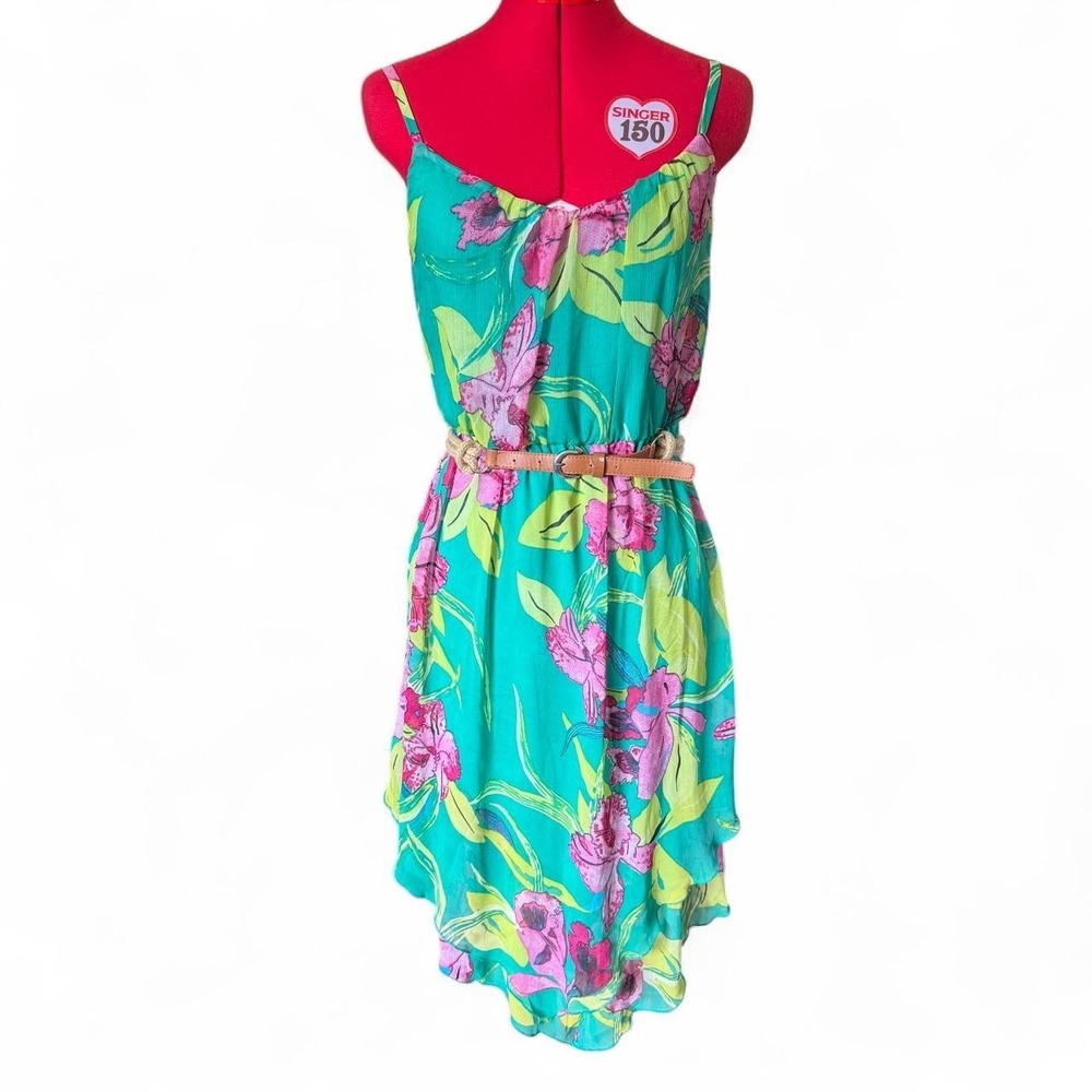 As U Wish Womens Y2K Green Pink Floral High Low Belted Dress Size M 16045J53R7